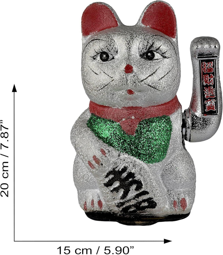 Freak Scene Glückskatze Maneki-Neko Winkekatze aus Keramik 20cm Silber winkende Katze Lucky cat