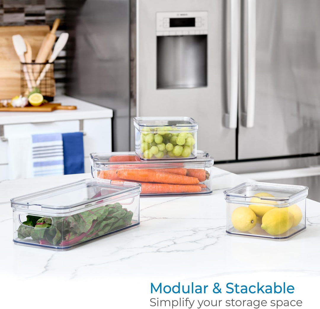 iDesign Crisp Kühlschrank-Organizer-Set mit Deckel, recycelter Kunststoff, transparent/weiss, 4-teil
