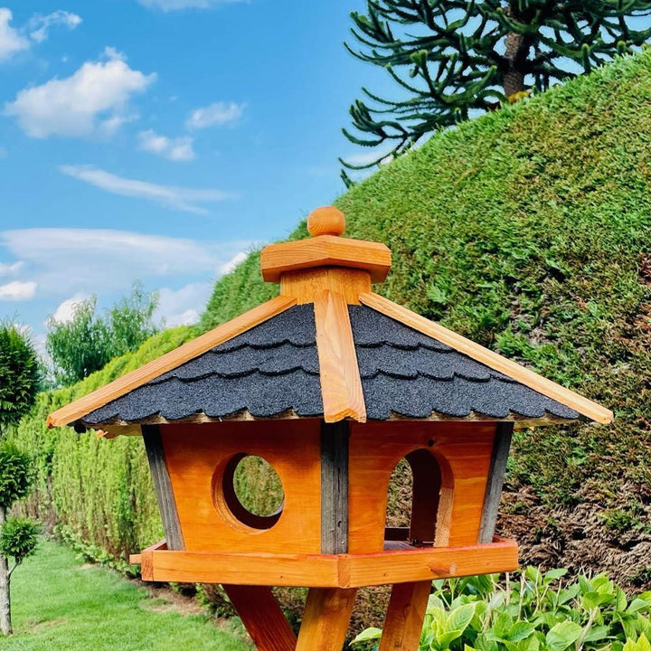 Vogel Futter Haus L oder XL Sechseck Holz Vogelhaus Futterstelle Braun/Blau, Rot, Schwarz und Grün (