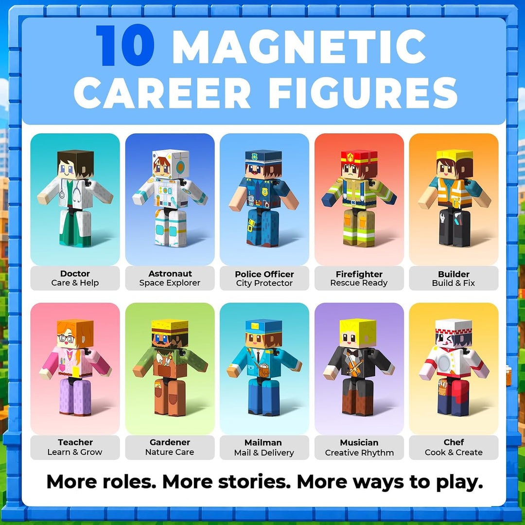 Magneverse 20-Teile Set für Magnetische Bausteine, Bewegliche Spielfiguren mit 10 Berufsfiguren und