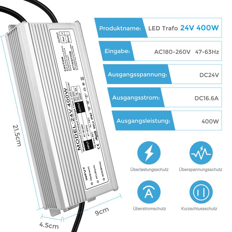 LED Trafo 24V 400W IP67, Outdoor Wasserdicht Transformator mit Stecker, LED Netzteil Treiber 230V au