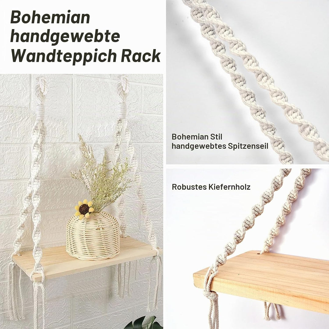 2 Stück Wandregal aus Holz, Wandregal aus Holz, Bohème, Wandregal mit Makramee-Schnur, schwimmende R