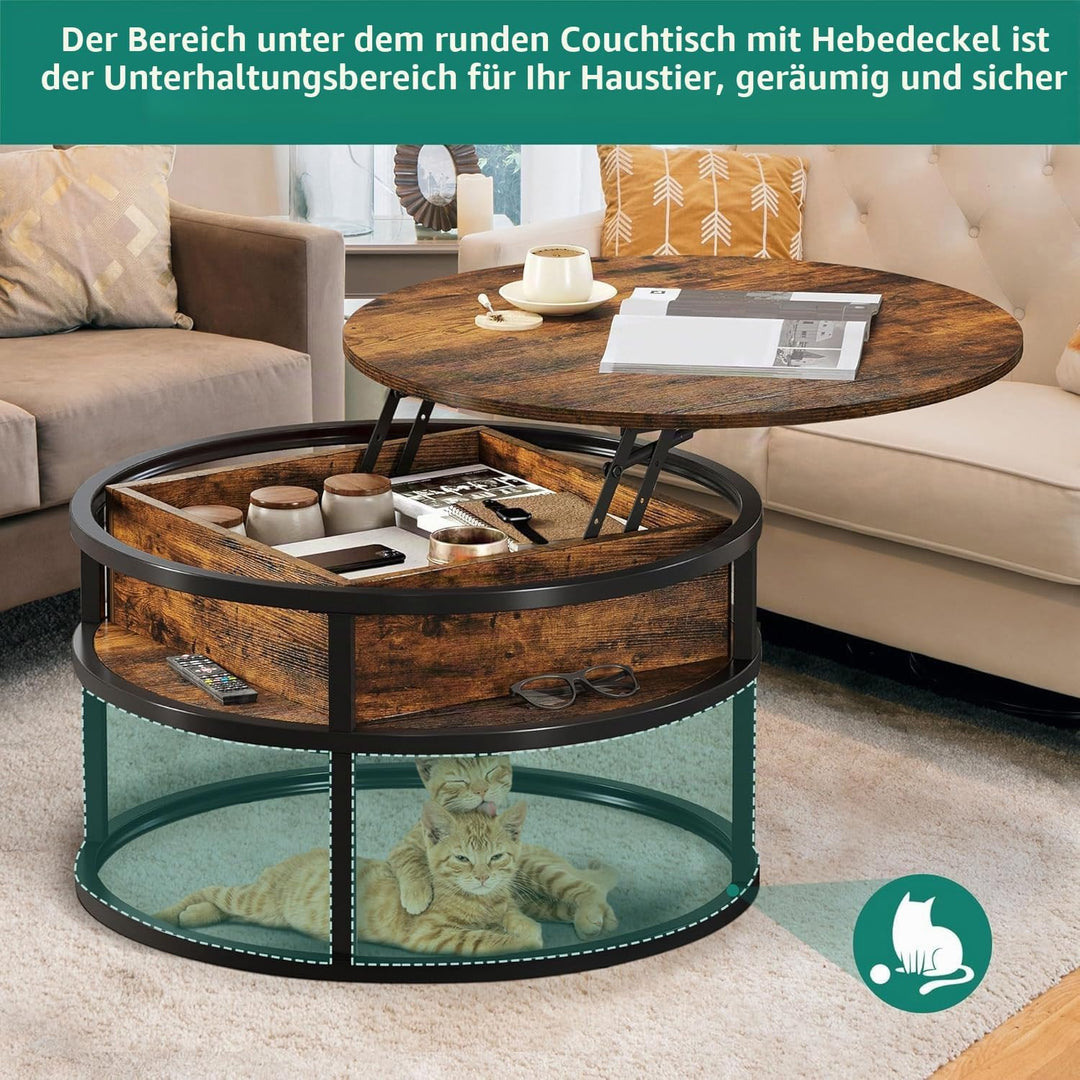 YITAHOME Couchtisch Rund mit Hebeplatte, Wohnzimmertisch mit verstecktem Ablagefach, Beistelltisch R