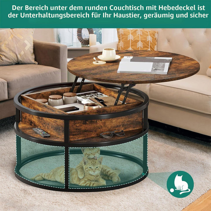 YITAHOME Couchtisch Rund mit Hebeplatte, Wohnzimmertisch mit verstecktem Ablagefach, Beistelltisch R