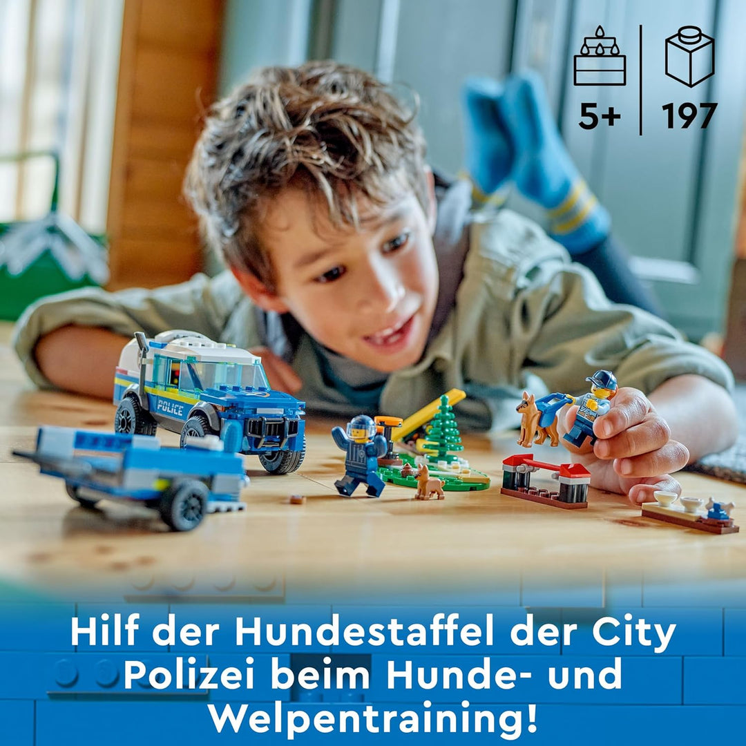 LEGO City Mobiles Polizeihunde-Training, Polizeiauto-Spielzeug mit Anhänger, Hunde- und Welpenfigure