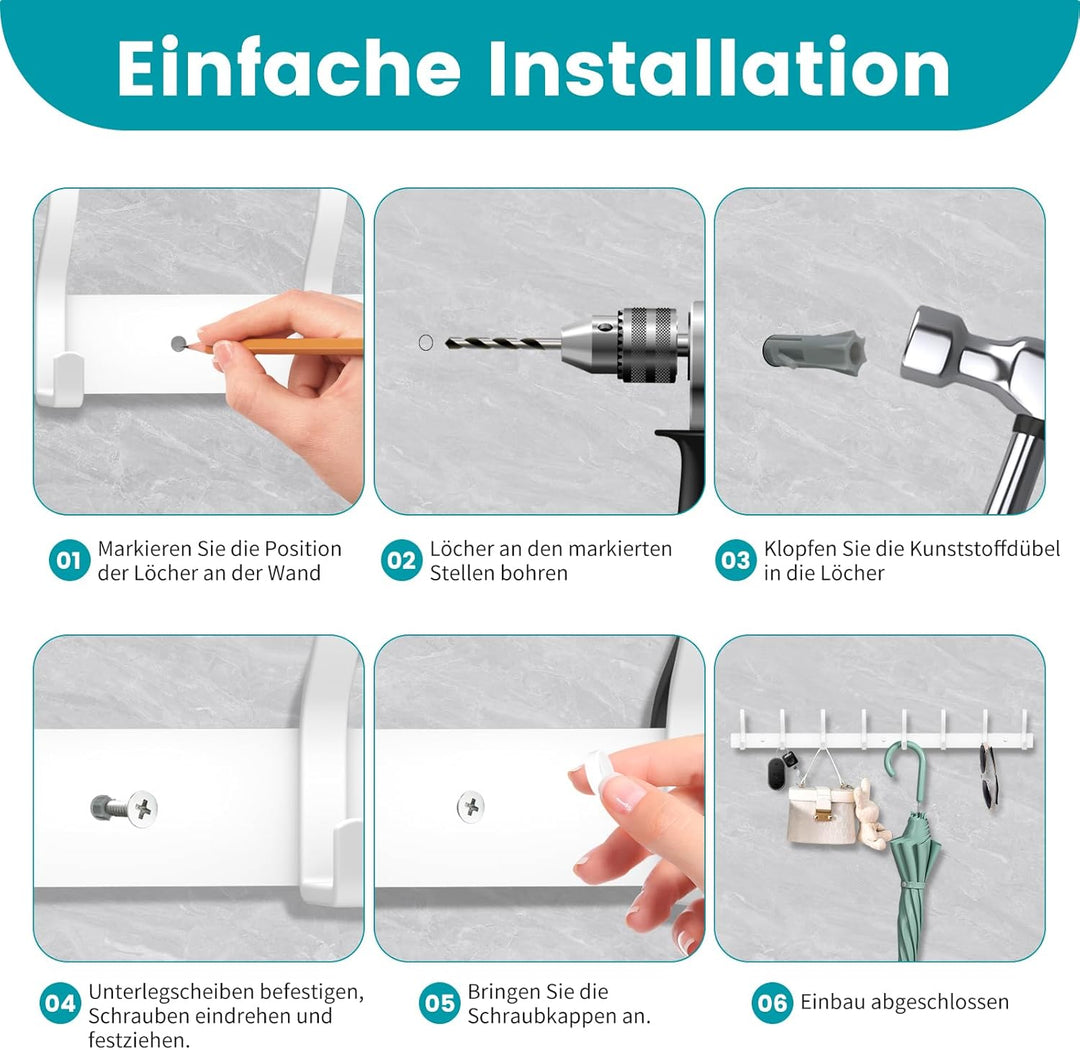 Garderobenhaken Edelstahl Garderobenleiste Weiss Kleiderhaken Wand Garderobe mit 6 Haken, Hakenleist