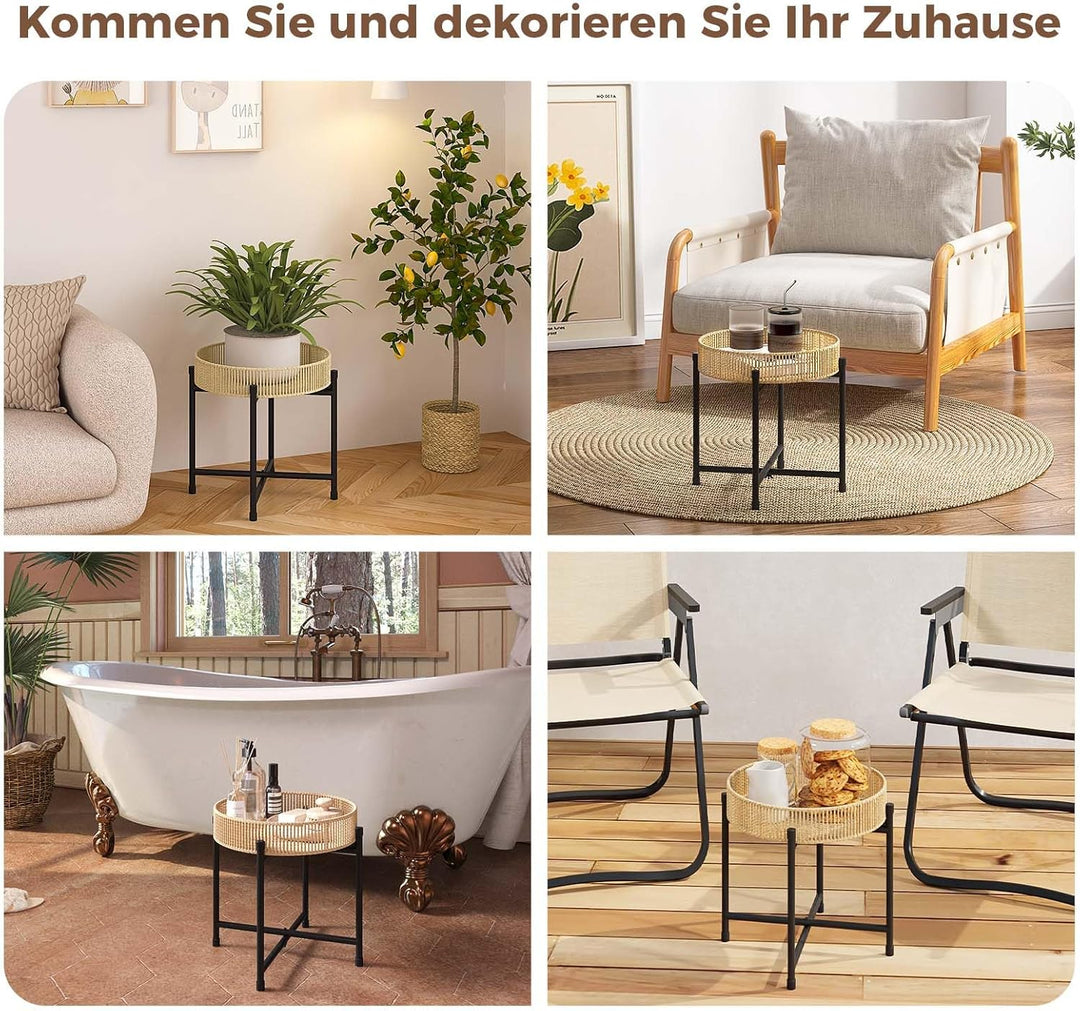Bamworld Runder Pflanzenständer Rattan Pflanzenregal Pflanztisch Handgewebtes Seil Beistelltisch Cou