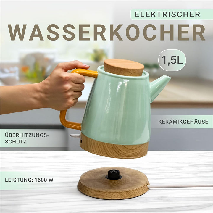 Elektrischer Keramik Wasserkocher 1,5L mint/holz – mit echtem Holzdeckel, 360° drehbarer Sockel, LED