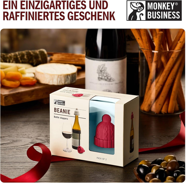 Monkey Business Set aus 2 Weinstopfen für Weinflaschen, Skurriles Weinzubehör, Strickmützen-förmige