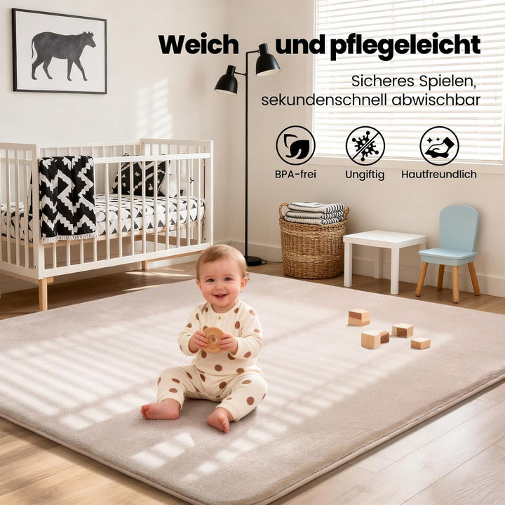 Krabbelmatte Baby 150×200cm, 3cm Dicke Schaumstoff Spielmatte, Ultraweiche Stütze und Plüschiges Gef