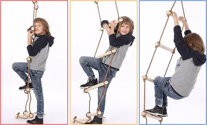 Kletterleiter Strickleiter Kinder Holz, Multifunktions Trapeze Schaukel, Holzschaukel mit 6 Sprossen