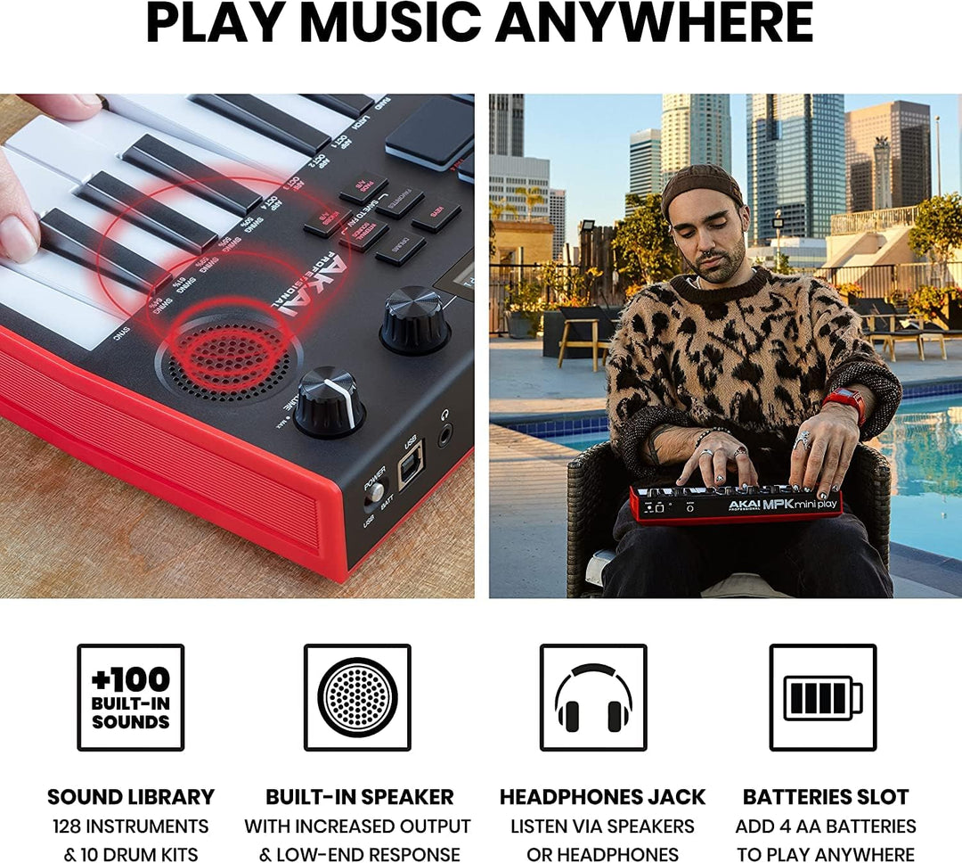 AKAI Professional MPK Mini Play MK3 - MIDI Keyboard Controller mit eingebautem Lautsprecher und Soun