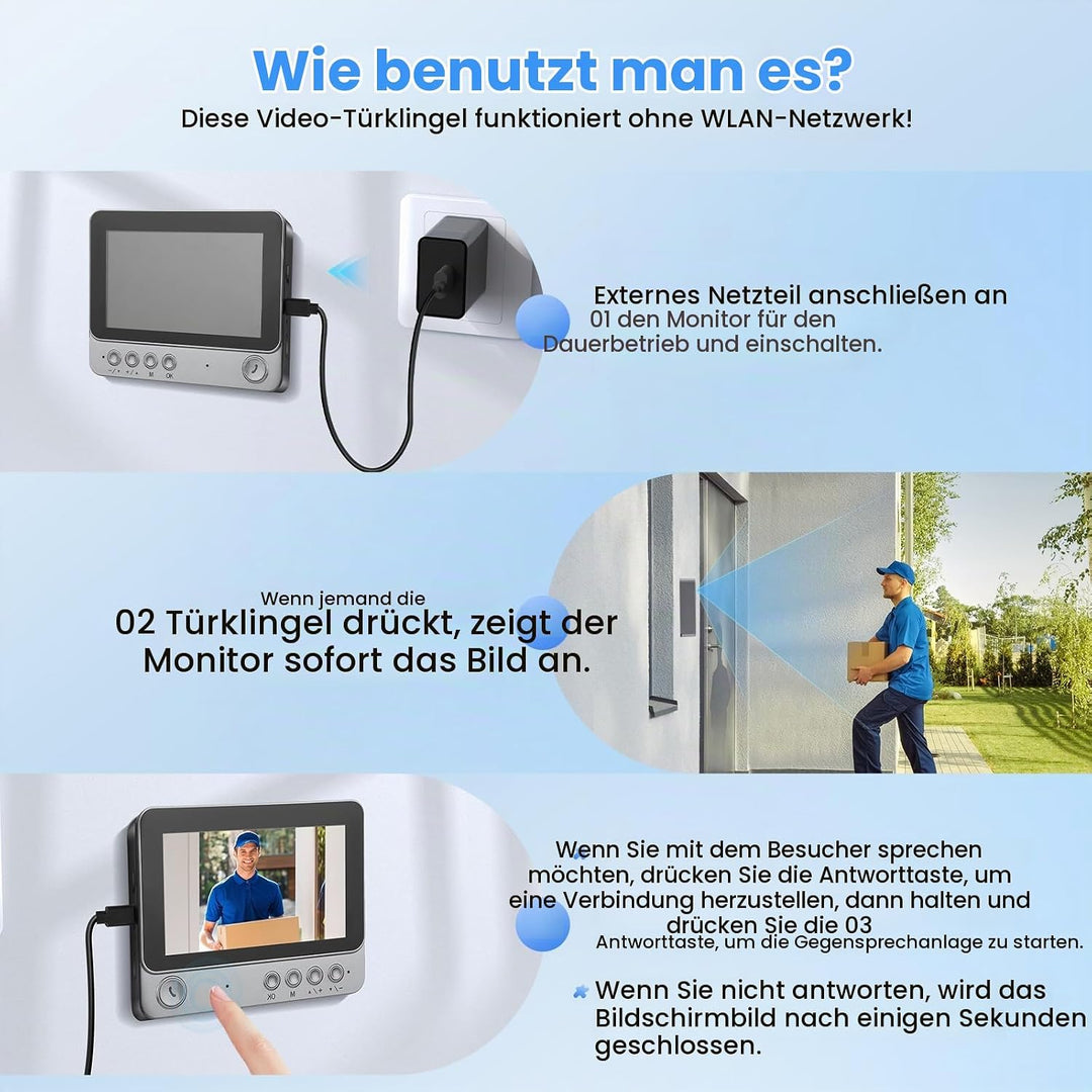 Türklingel mit Kamera Kabellos, Outdoor IP65 Wasserdicht 1080P HD Écran 4.3" 2.4G Video Türklingel N