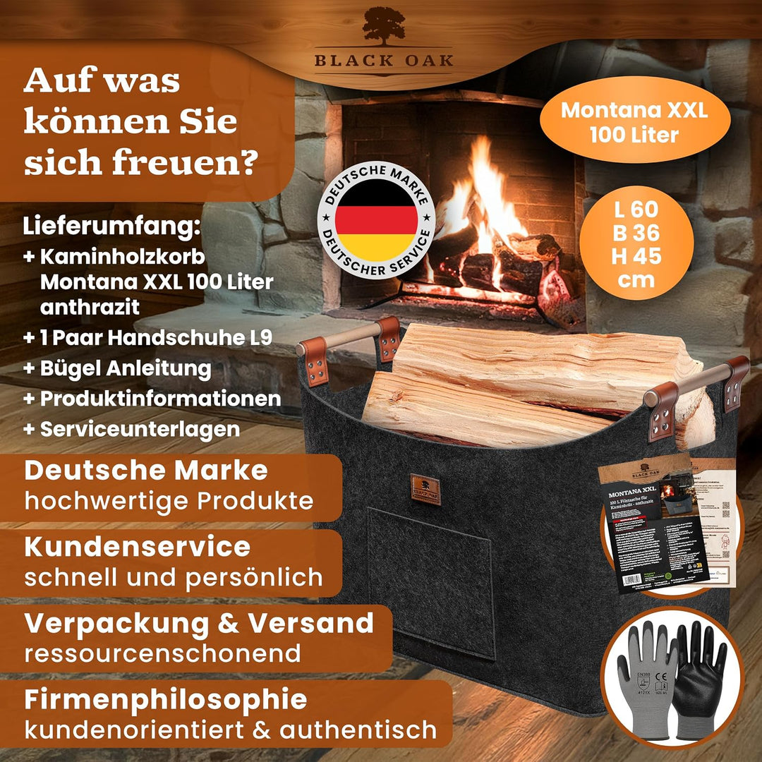 BLACK OAK Montana XXL 100L Filzkorb &amp; Holzkorb für Kaminholz - Echt-Leder Applikation + breite Griff