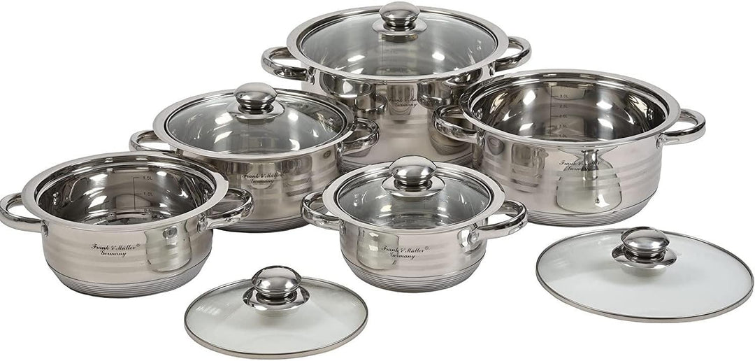 Edelstahl Topfset 5-teilig mit Glasdeckel und Messskala | Induktionsgeeignetes Kochtopfset aus Edels