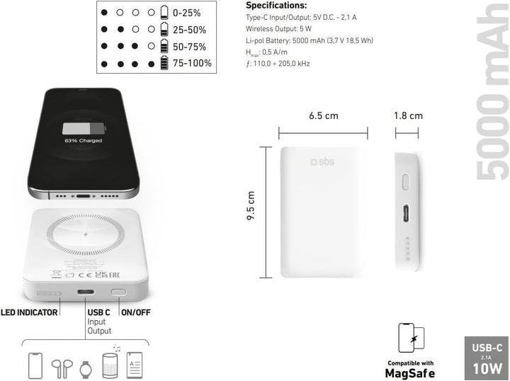 SBS Powerbank Akku-Pack 5000 mAh, kompatibel mit MagSafe, kabelloses Laden, USB-C-Anschluss, Status-