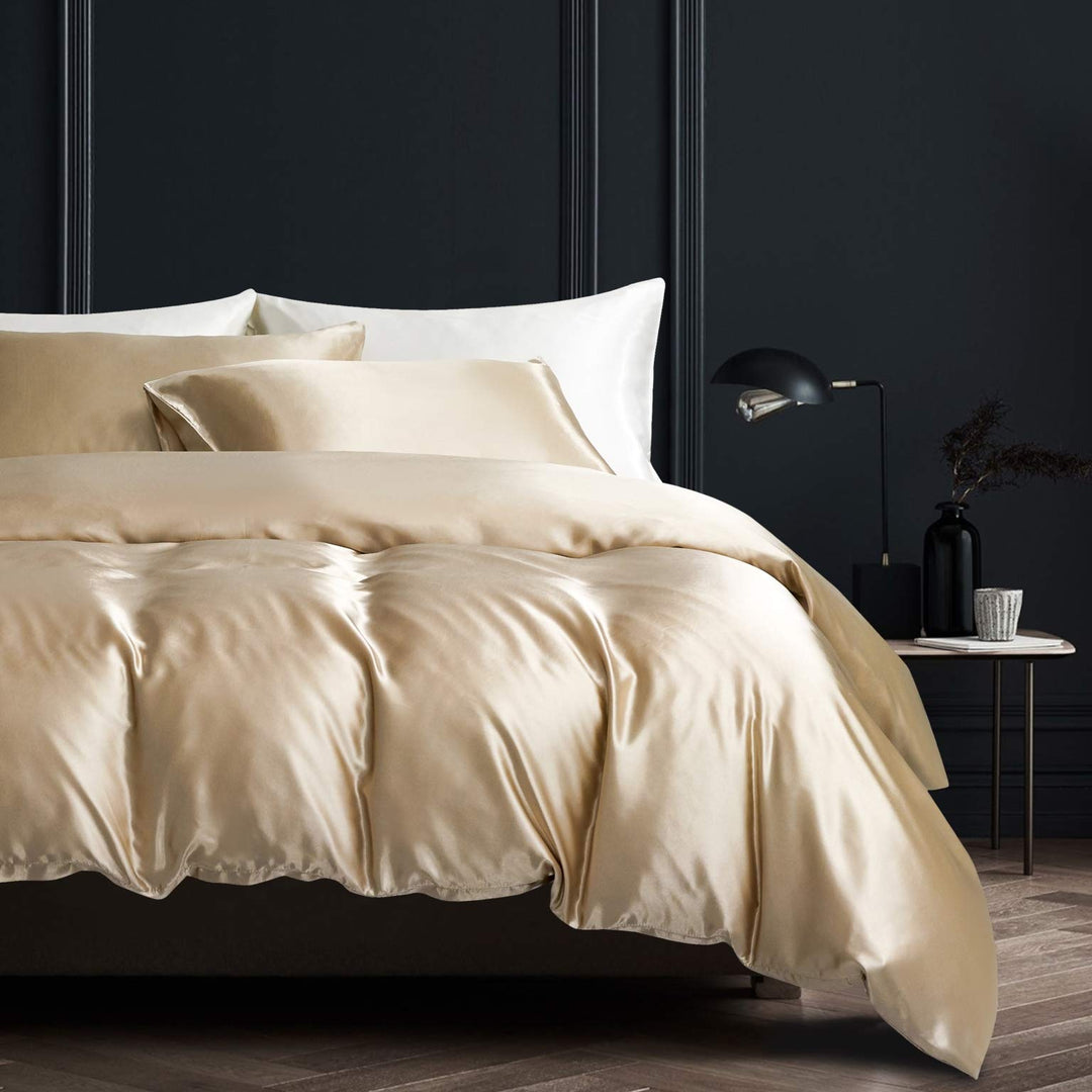 Damier Bettwäsche 155x220cm Beige Satin Uni Glatt Bettwäsche Set Deluxe Hochwertiges Deckenbezug mit