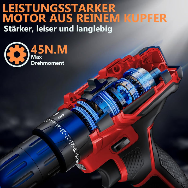 Akkuschrauber, 21V Akku Bohrschrauber Set mit Akku 1×2000mAh 45Nm Drehmoment Max 25+3 Drehmomentstuf