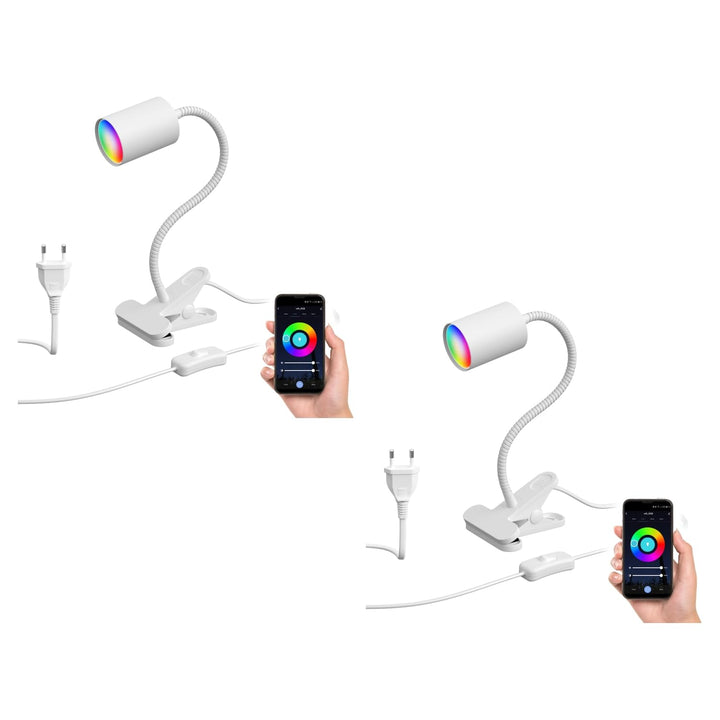 ledscom.de 2x Klemmleuchte WAIKA mit Schwanenhals und Schalter weiss matt, inkl. Smart Home RGBW GU1