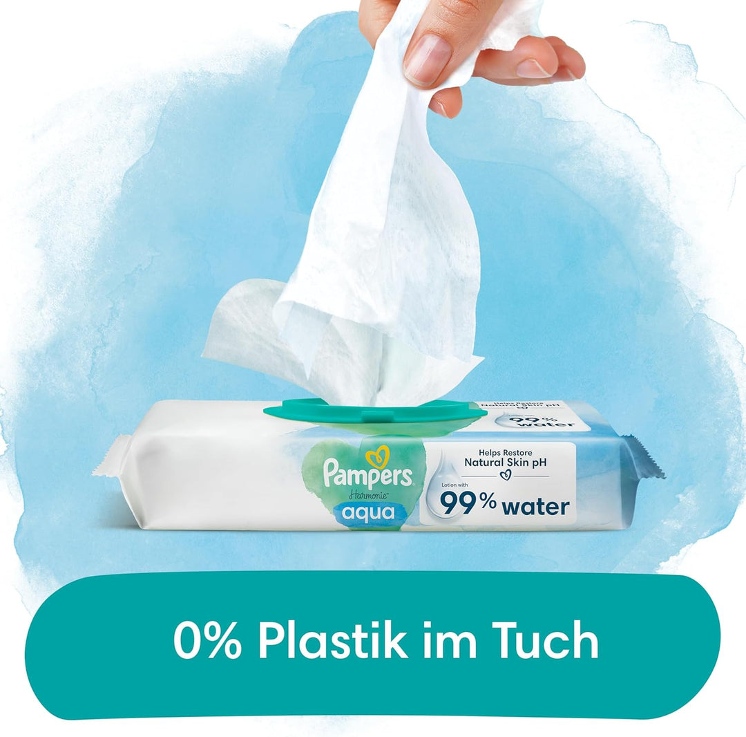 Pampers Baby Feuchttücher Harmonie, Aqua, 144 Tücher (3 x 48), sanfter Hautschutz für zarte Haut mit