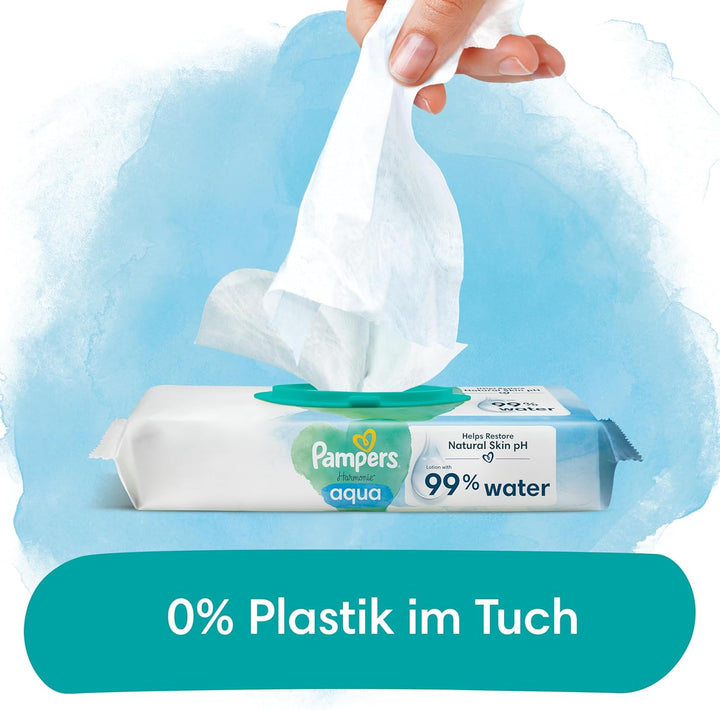 Pampers Baby Feuchttücher Harmonie, Aqua, 144 Tücher (3 x 48), sanfter Hautschutz für zarte Haut mit