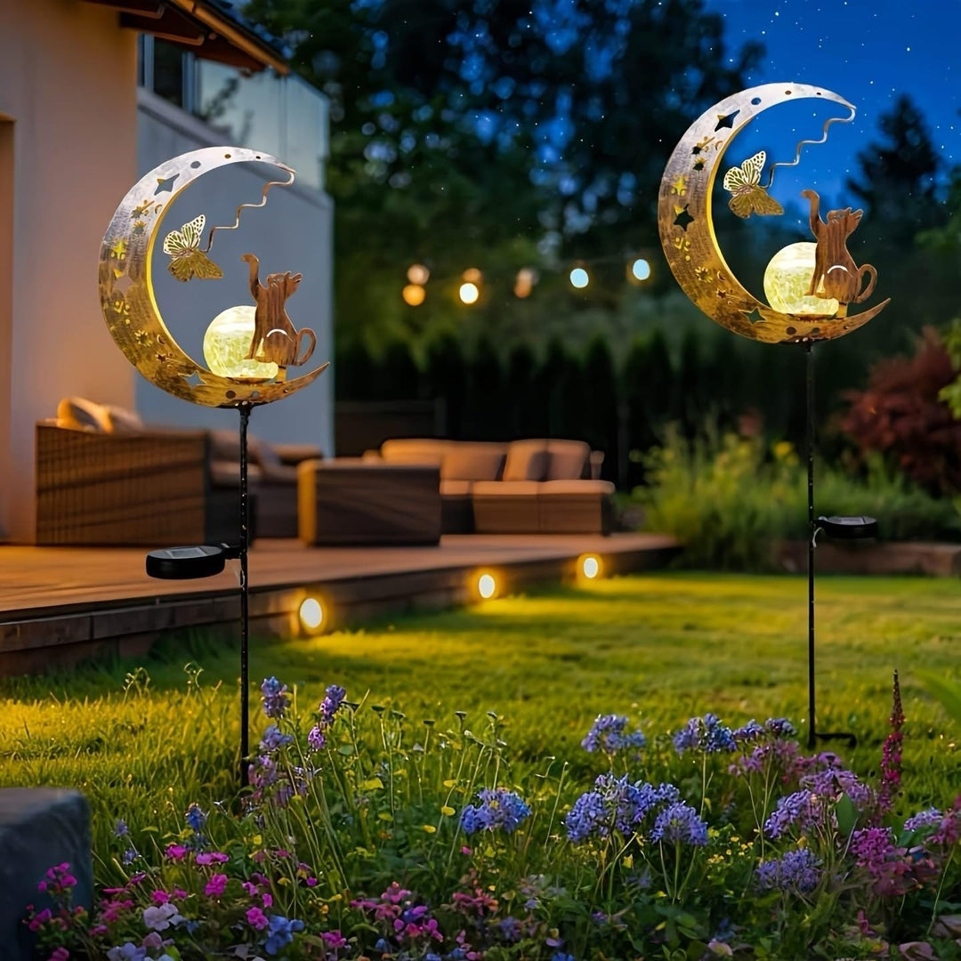 YeahBoom Mond Solarleuchten Garten Deko,Garten mit Katze,Mond Solarleuchten Garte im Freien Solarlam