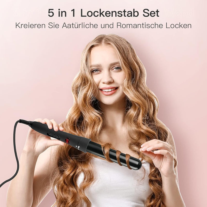 Lockenstab Set, 5 in 1, mit Verschiedenen Aufsätzen, [Turmalin Keramik] Welleneisen,Glättbürste, [mi