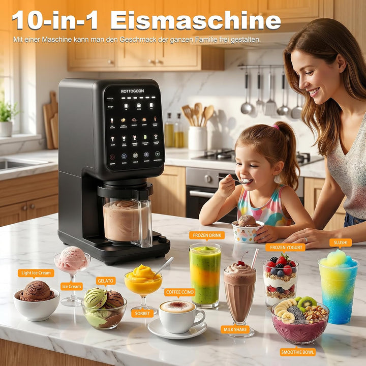 ROTTOGOON Eismaschine mit 3 Bechern 10 Programme für Eiscreme Sorbet Gelato & Frozen Yogurt 2-in-1 G