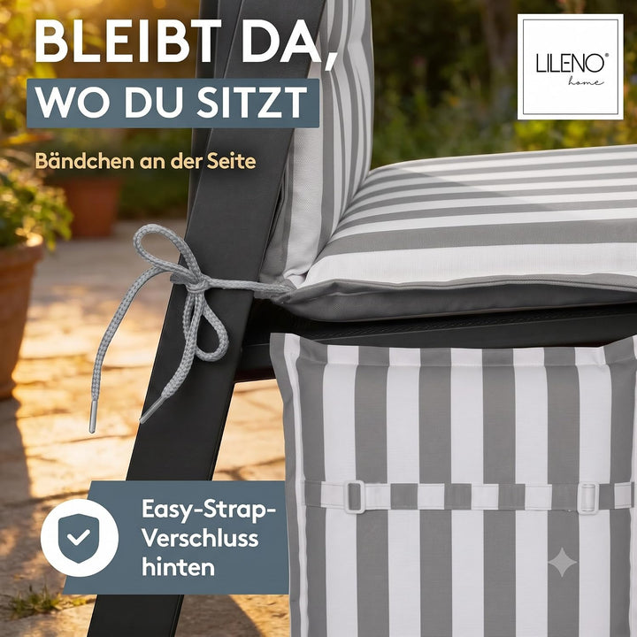 LILENO HOME Gartenstuhl Auflagen als [4er Set - Hochlehner] in Blockstreifen Grau - Bequeme Liegen a