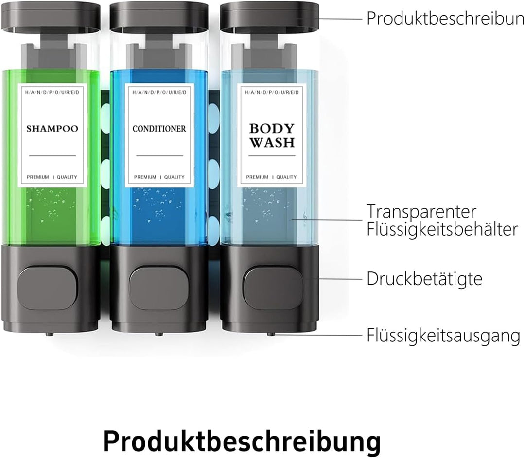 3-Kammer-Wand Shampoo Spender für Dusche Jeweils 300 ml, Duschgel Spender Wand Ohne Bohren für Badez