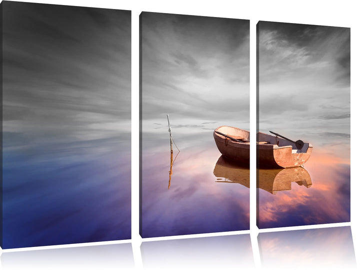 Pixxprint Einsames Boot auf See als Leinwandbild/Grösse: 3 Teilig (120x80) cm/Wandbild/Kunstdruck/fe