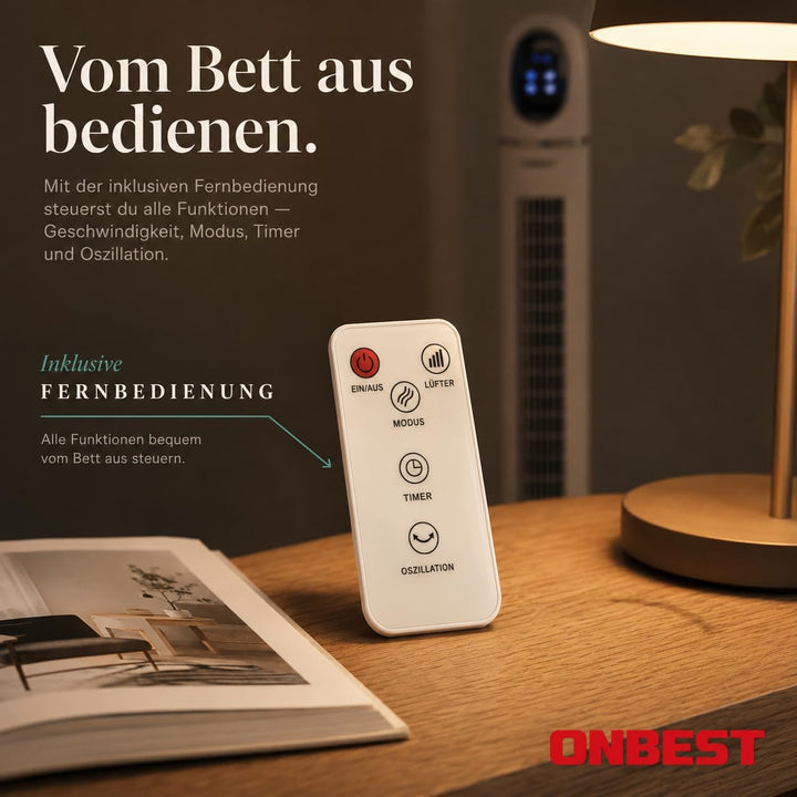 Onbest Turmventilator leise, 45 W stromsparender Tower-Ventilator mit Fernbedienung, 80° Oszillation