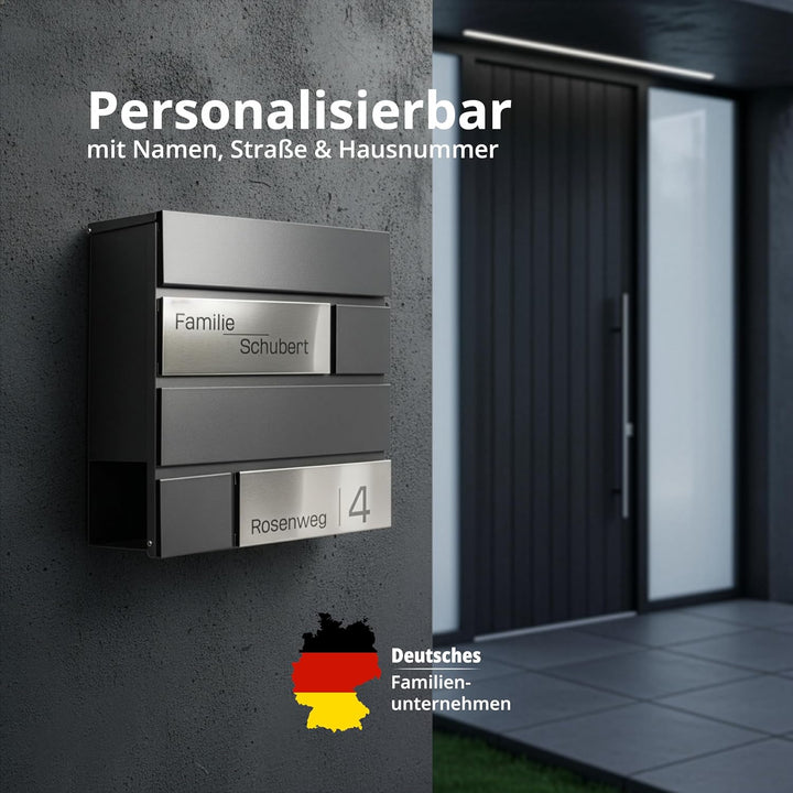 Grafner Premium Briefkasten personalisiert, RAL7016 mit Zeitungsfach und 2 Schlüssel, moderner Postk