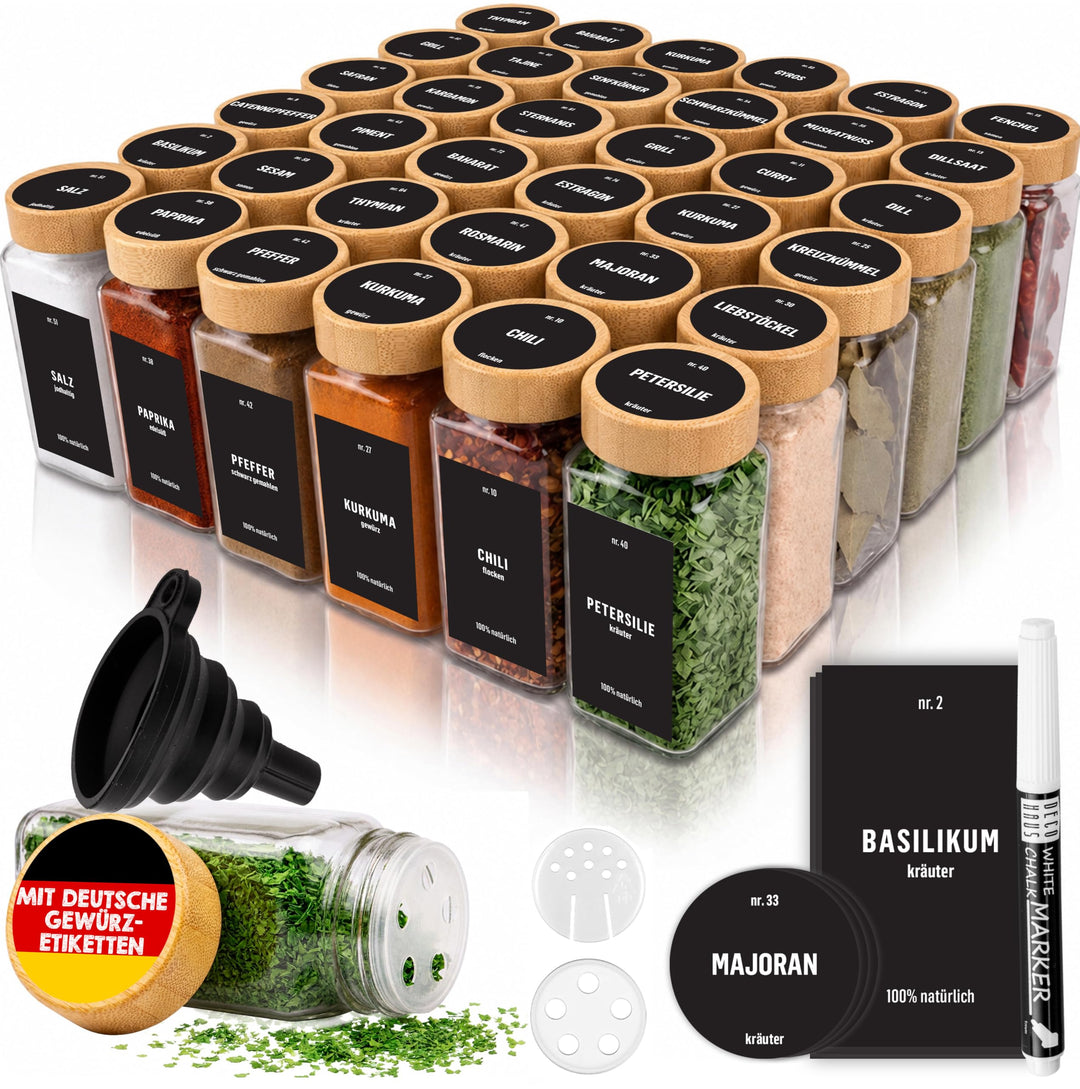Deco Haus® Gewürzgläser eckig mit Holzdeckel 36er Set [+ Etiketten &amp; Streueinsatz] - Gewürzdosen Set