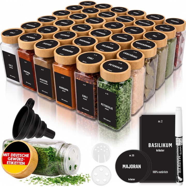 Deco Haus® Gewürzgläser eckig mit Holzdeckel 36er Set [+ Etiketten &amp; Streueinsatz] - Gewürzdosen Set