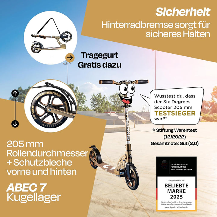 Six Degrees Aluminium Scooter mit Klappmechanismus, Ständer, 205 mm TESTSIEGER, ABEC 7, höhenverstel