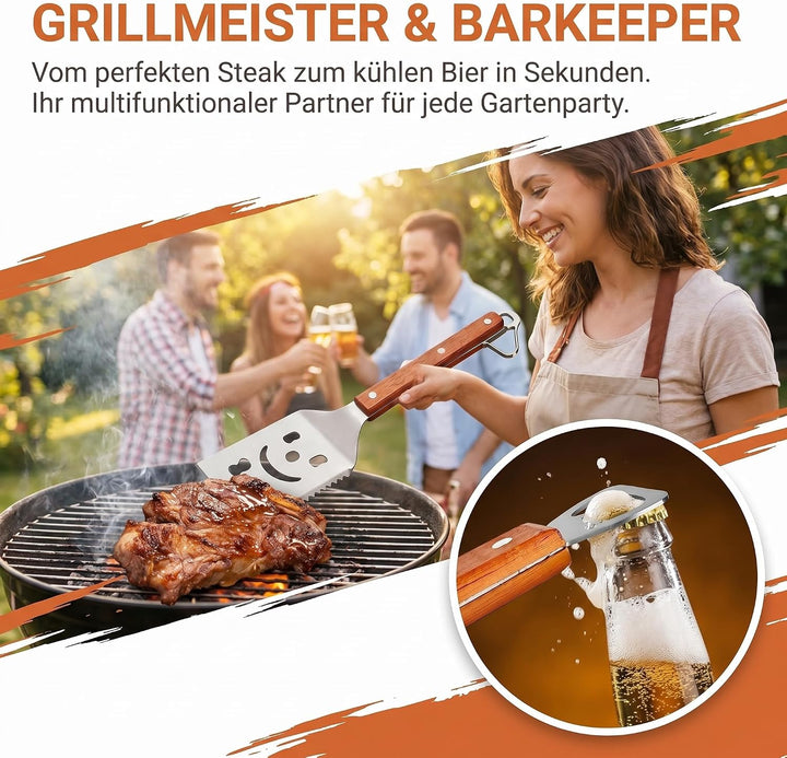 7 in 1 Grillspachtel für Barbecue Grill, Grill Zubehör, Multifunktionales Grillwerkzeug mit Holzgrif