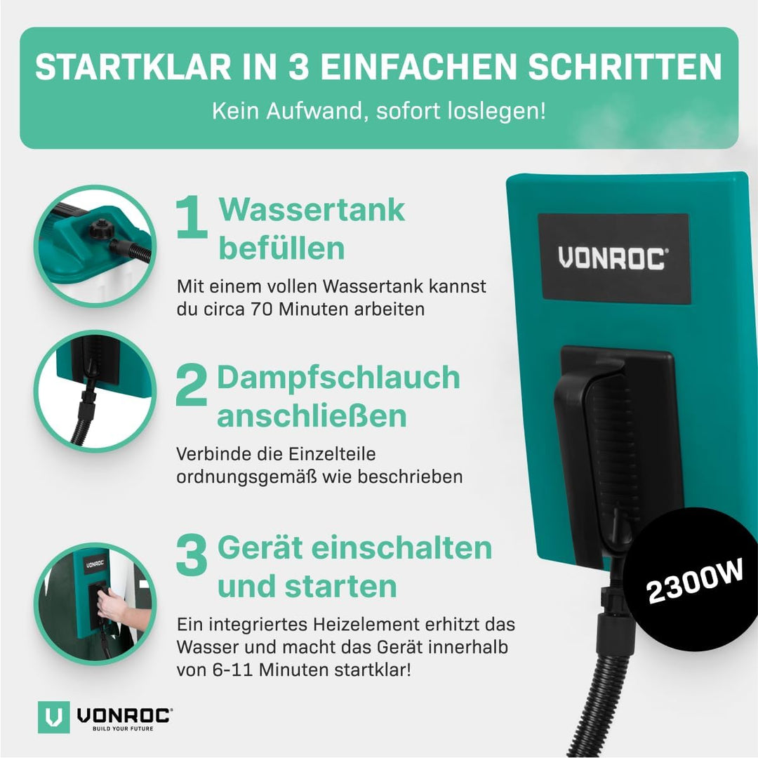 VONROC Tapetenlöser 2300 W – 4,5 l – 4 m langer Schlauch, Spachtel für Wände und 2 Dampfplatten im L