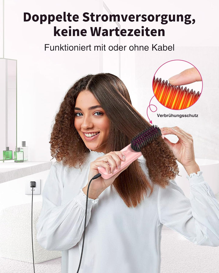 Bopcal Kabellose Glättbürste 10000mAh, 3-in-1 Haarglätter Bürste mit 300 Millionen Ionen, 30S Schnel