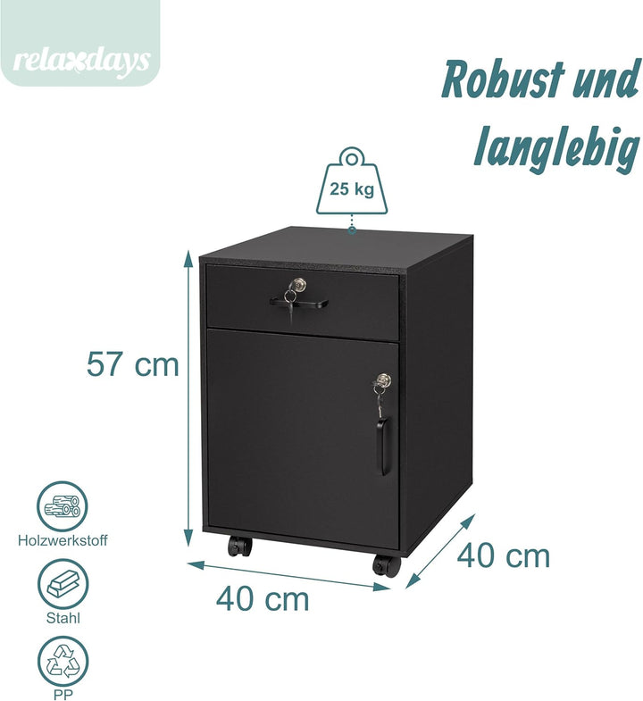 Relaxdays Rollcontainer, Schublade & Türfach, HxBxT: 57 x 40 x 40 cm, abschliessbar, Aktenschrank au