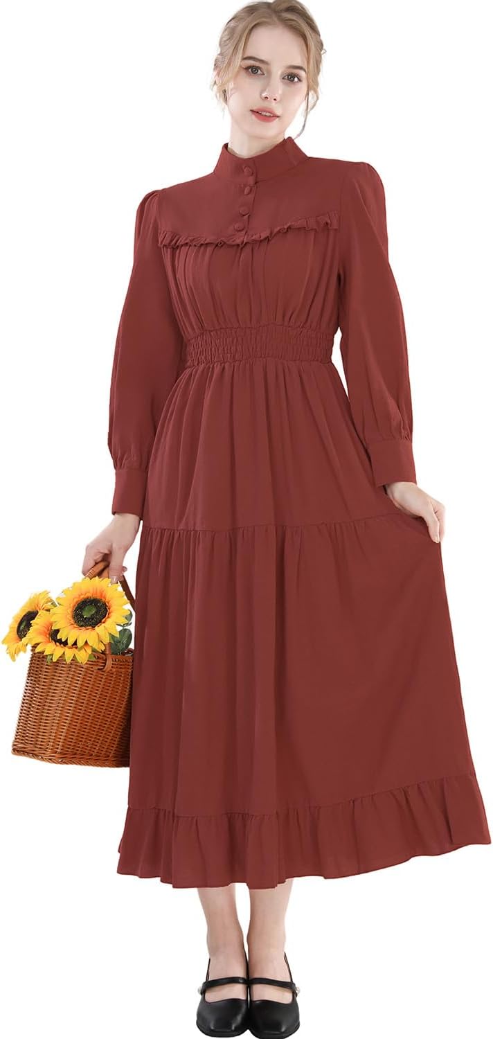 CR ROLECOS Mittelalter Kleidung Damen Viktorianisches Kleid Langarm A-Linie Vintage Edwardianisches