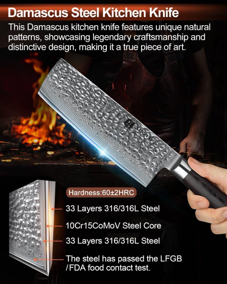 XINZUO Nakiri Damast Kochmesser Küchenmesser Klinge 17,0cm, Japanischem Damaststahl High-Carbon Stah