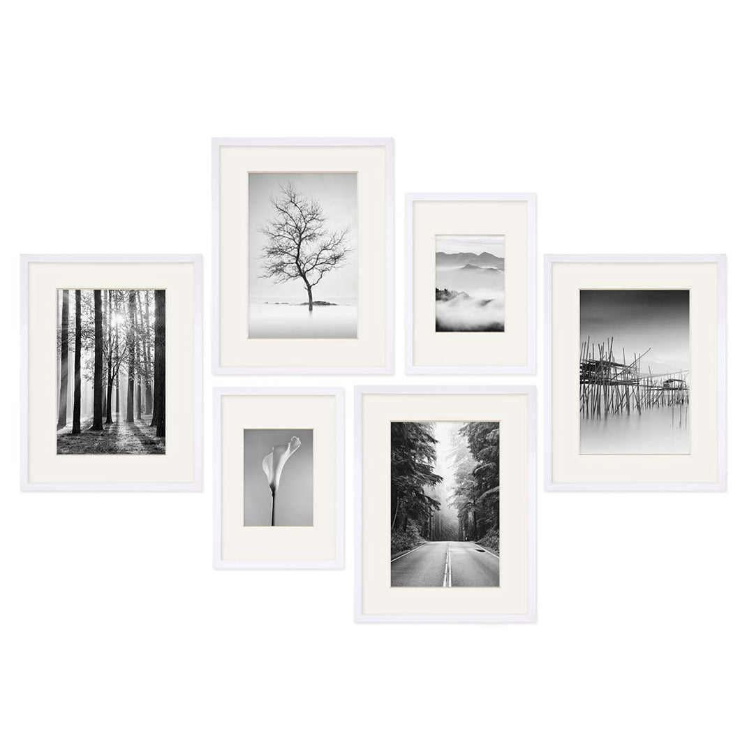 PHOTOLINI weisse Bilderrahmen Set verschiedene Grössen, 6 MDF Holz Bilderrahmen mit Passepartout, Bi