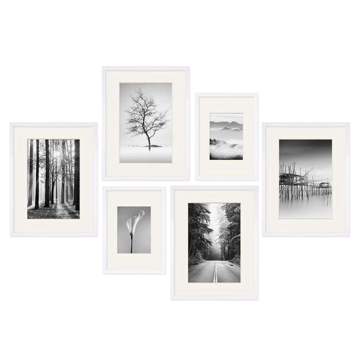 PHOTOLINI weisse Bilderrahmen Set verschiedene Grössen, 6 MDF Holz Bilderrahmen mit Passepartout, Bi