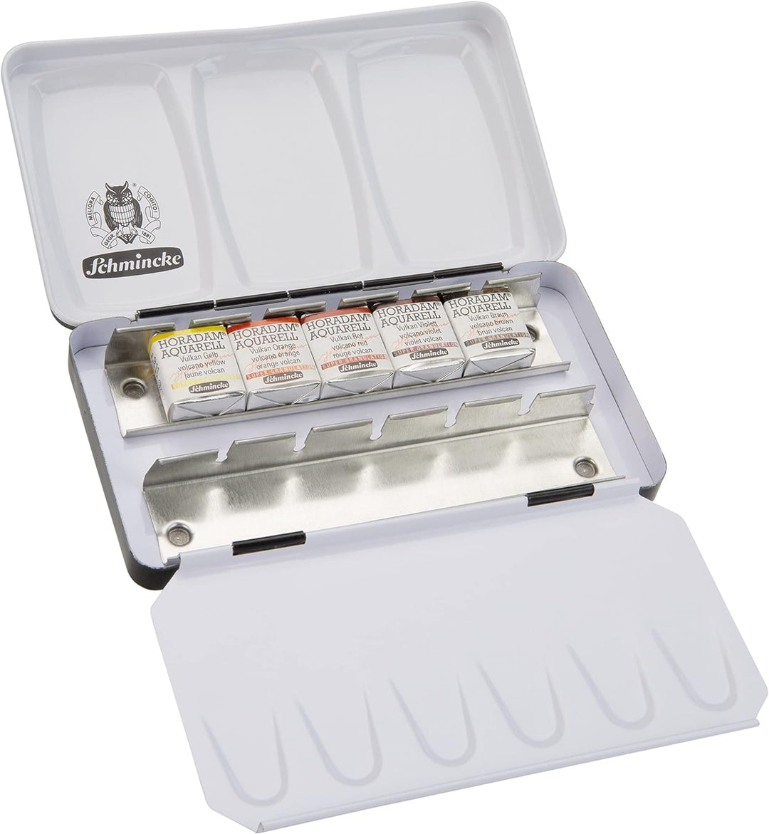 Schmincke – HORADAM® AQUARELL, Super Granulation Set Vulkan, 5 x 1/2 Näpfchen, 74 608 097, Metallkas