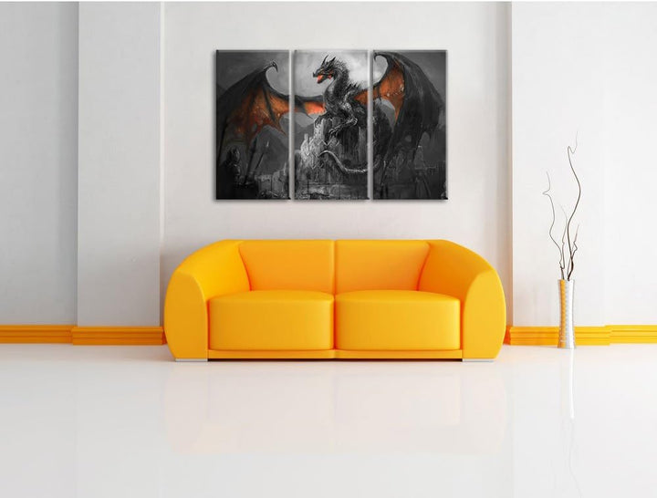 Pixxprint Drache schützend über Burg als Leinwandbild/Grösse: 3 Teilig (120x80 cm) cm/Wandbild/Kunst
