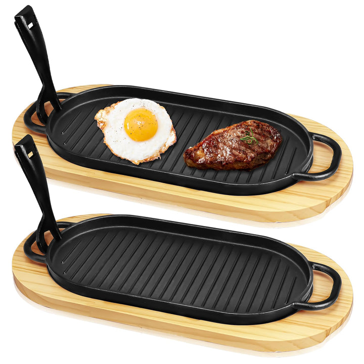 2er-Set Gusseisen Servierpfannen mit Holzuntersetzer & abnehmbarem Griff – Ovaler Sizzling Steak-Pla