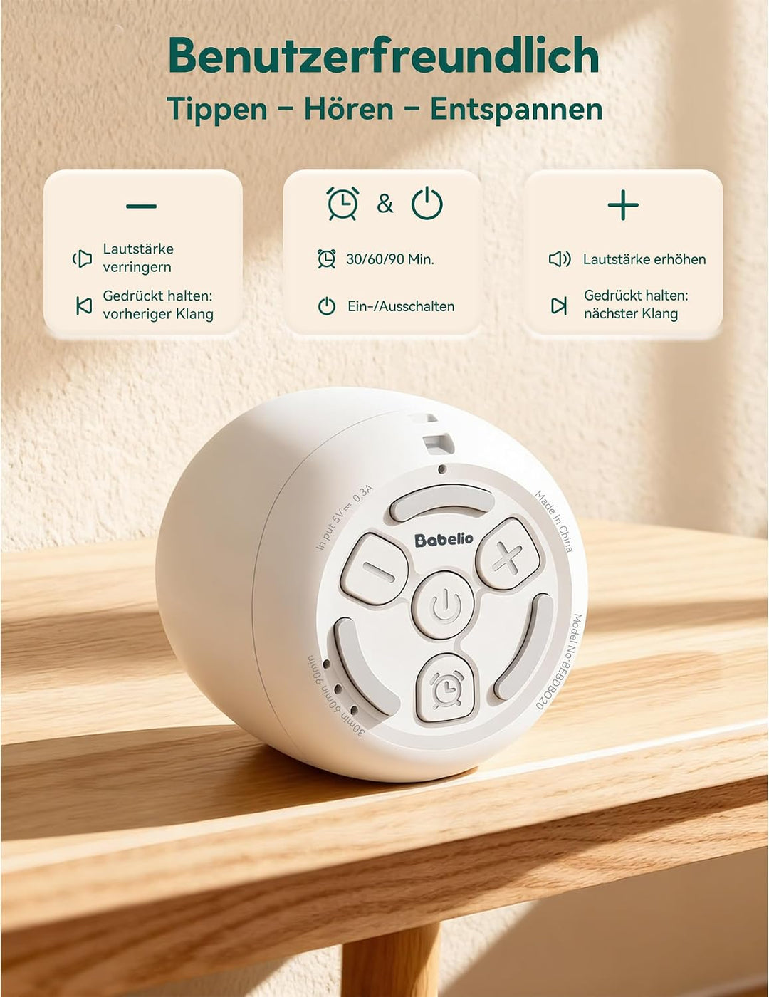 Babelio White Noise Machine Baby 1000-mAh-Akku, 25 beruhigende Geräusche für Erwachsene, Kinder & Ba