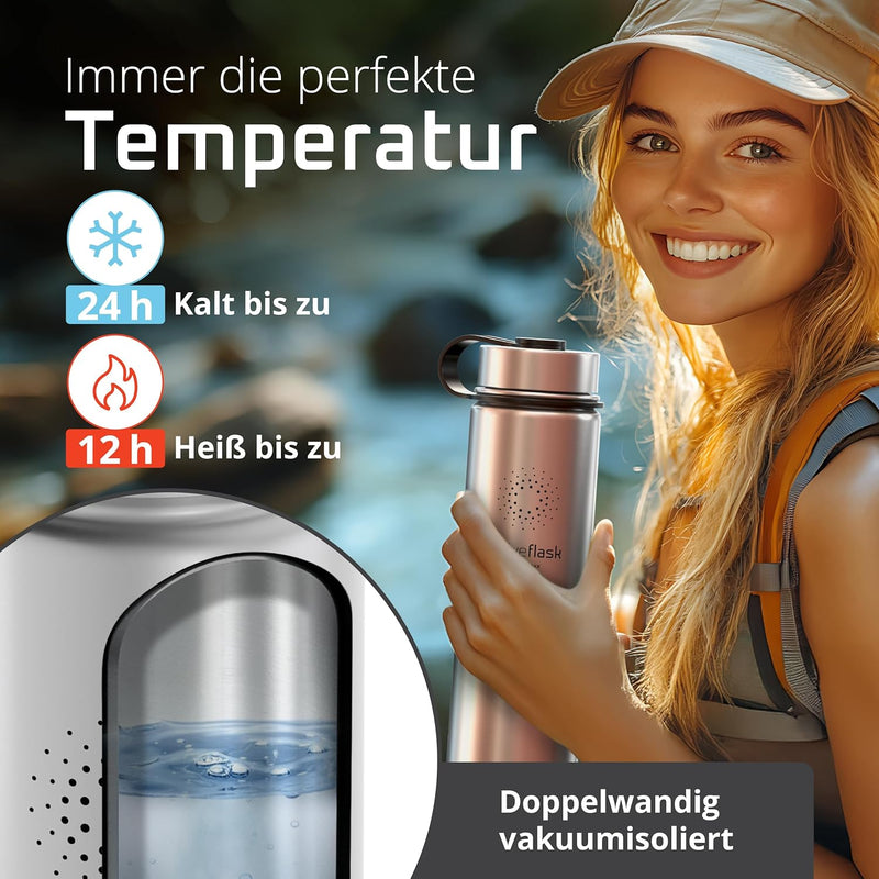 Trinkflasche Edelstahl ACTIVE FLASK + Strohhalm (3 Deckel) BPA-frei, Auslaufsicher, Kohlensäure geei