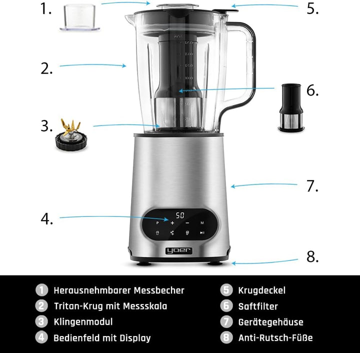 Yoer Vitalio JB04S, 2-in-1 Standmixer, 2200W, 2,4L Tritan-Krug, Automatikprogramme, LED-Anzeige, Ede